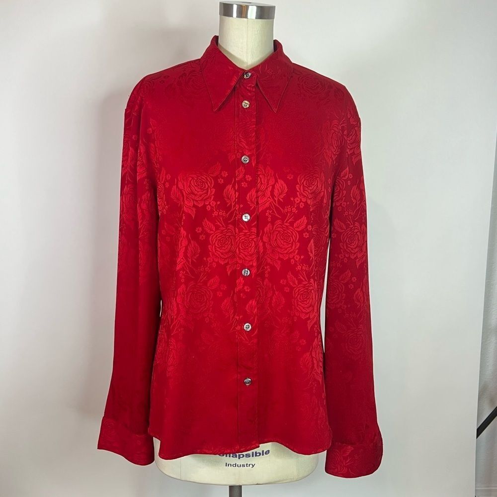 Vintage GUESS JEANS USA red rose jacquard Y2K 90s shirt XL